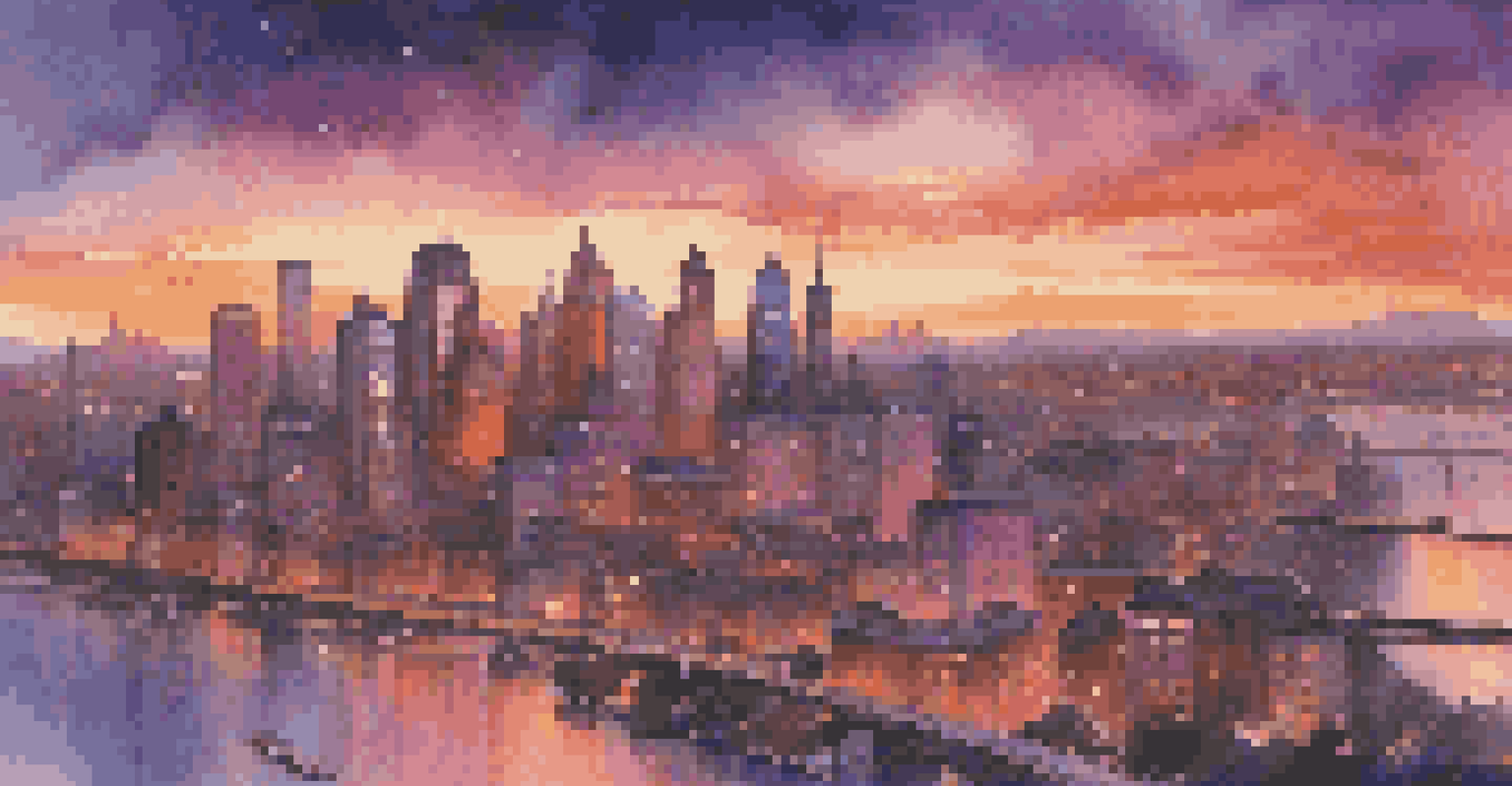 A stunning aerial view of a city skyline at dusk, with a colorful sunset and lights reflecting in the river.