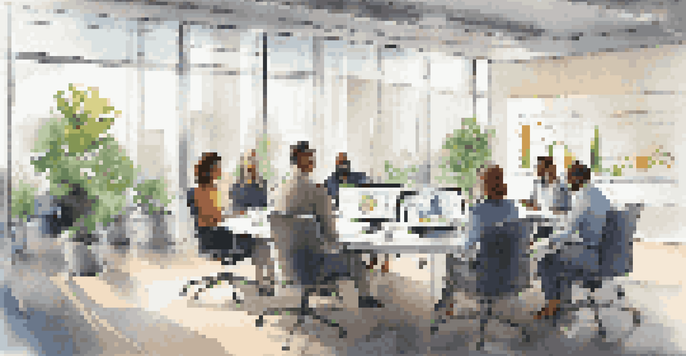 A diverse team of professionals in a modern office discussing merger and acquisition strategies around a conference table.