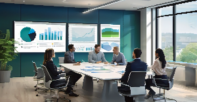 A diverse team in a modern office engaged in a change management meeting, discussing performance metrics with digital screens.