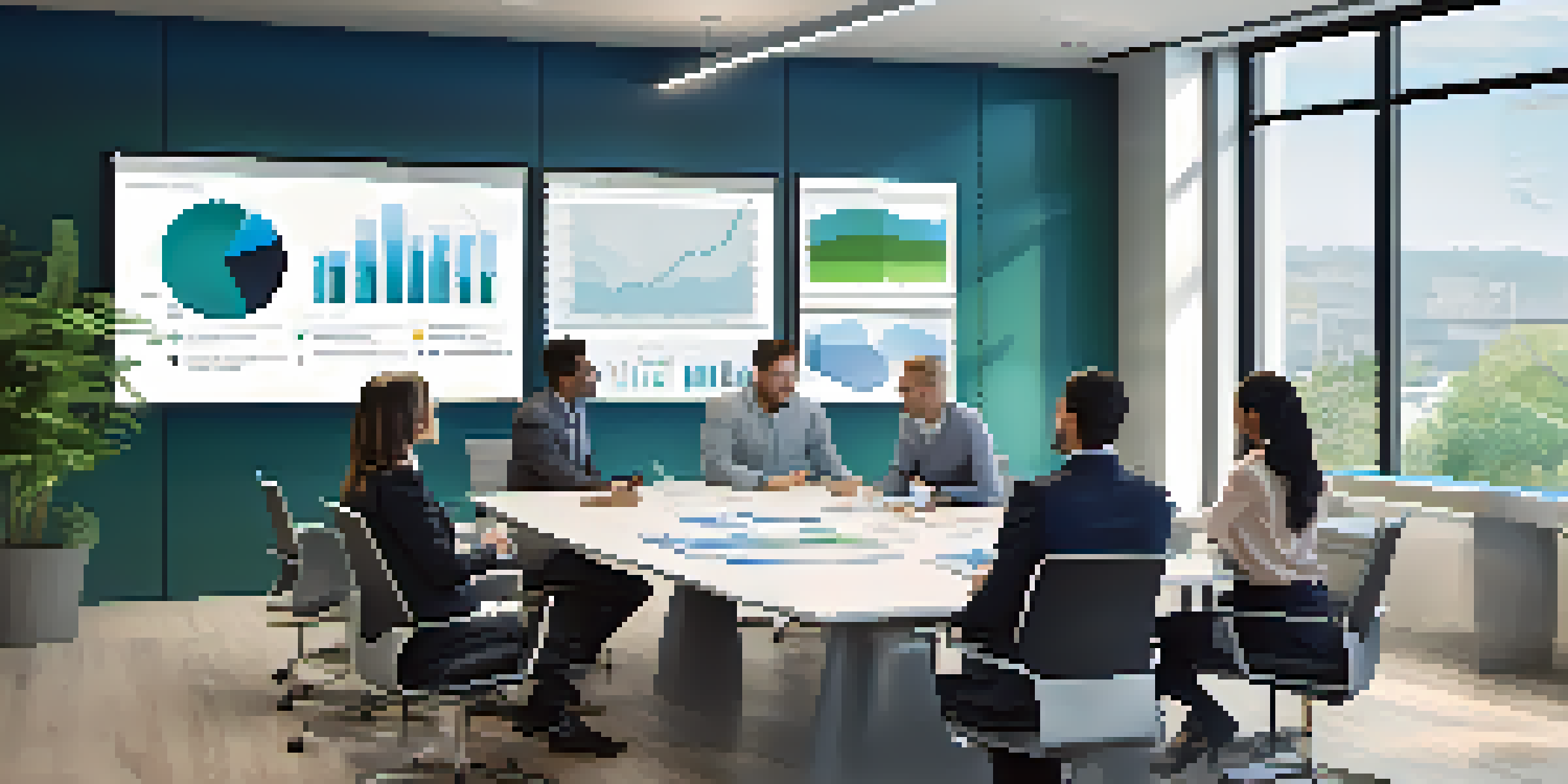 A diverse team in a modern office engaged in a change management meeting, discussing performance metrics with digital screens.