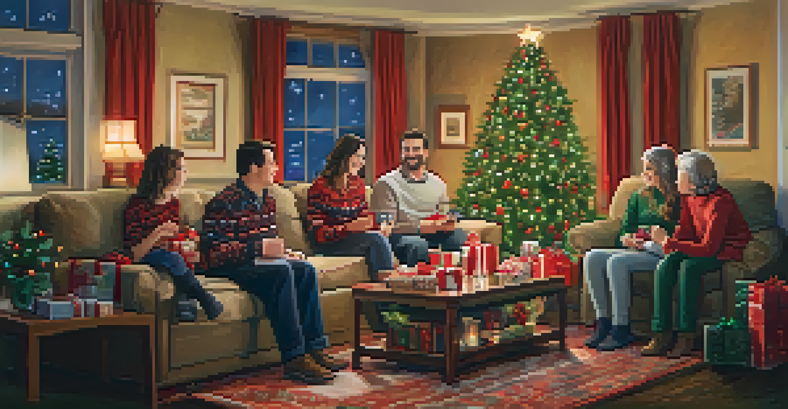 A family celebrating Christmas in a decorated living room, with a Christmas tree and members exchanging gifts.
