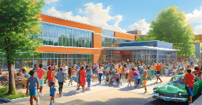 A lively community center with children in a workshop, adults volunteering, and seniors socializing, all under bright sunshine.