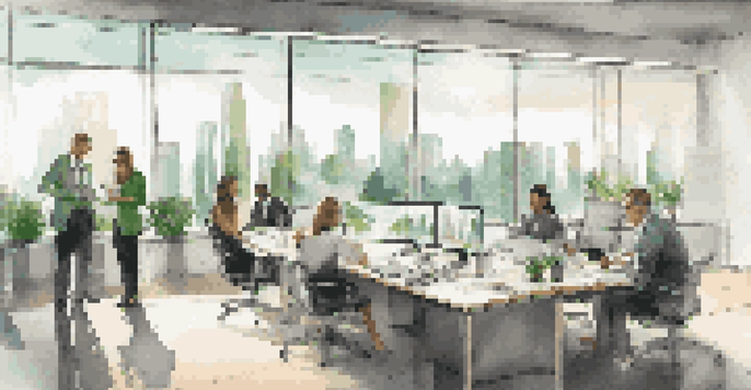 A diverse group of professionals discussing charts in a modern office with a city skyline view.