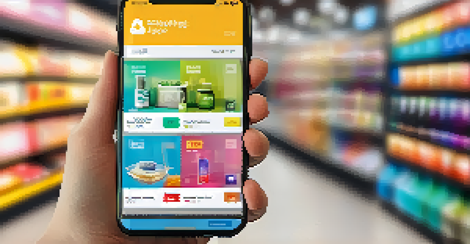 A close-up of a smartphone displaying a vibrant shopping app with product images, hand-held focus.