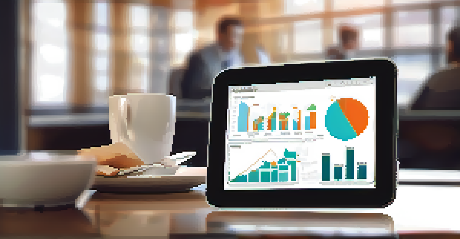 A business professional closely examining data on a tablet, with graphs on the screen and a cup of coffee next to it, set in a warmly lit office.