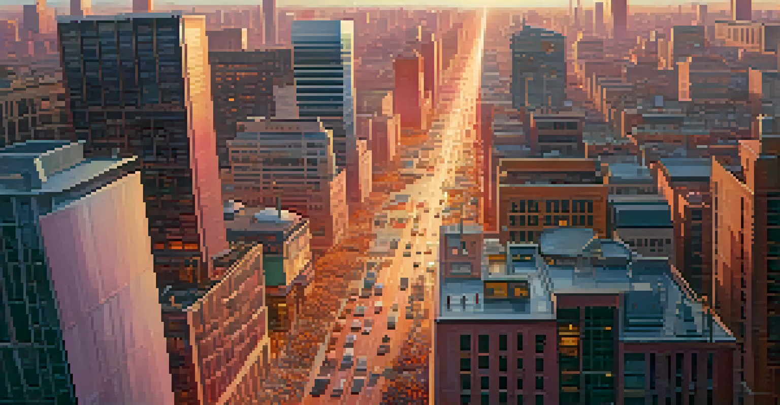 Aerial view of a vibrant city during sunset, with skyscrapers and busy streets filled with cars and pedestrians.
