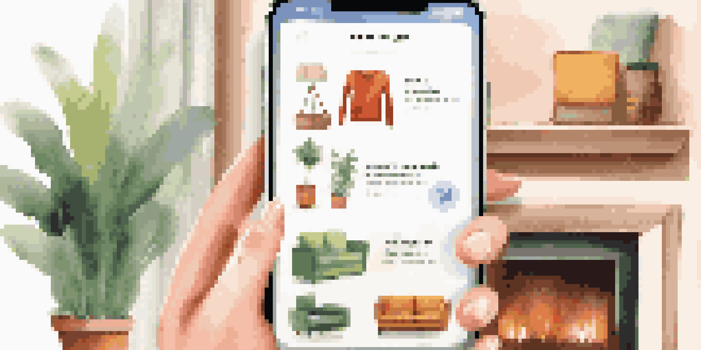 A person browsing a mobile shopping app showing colorful product images in a cozy living room.