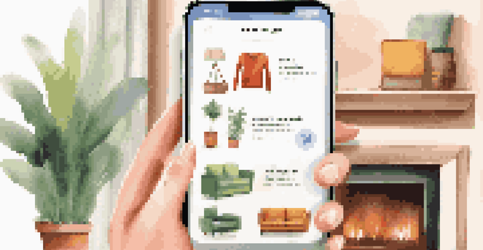 A person browsing a mobile shopping app showing colorful product images in a cozy living room.