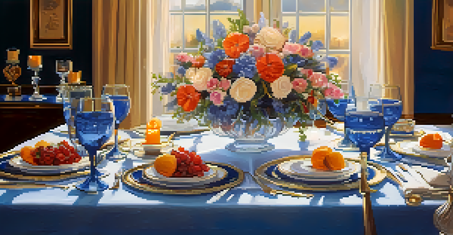 An elegant dining table set with fine china, glassware, candles, and a floral centerpiece for a special occasion.