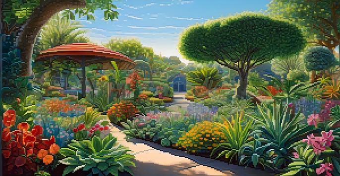 A colorful garden representing a business ecosystem, with various plants symbolizing different organizations and stakeholders, under a bright blue sky.