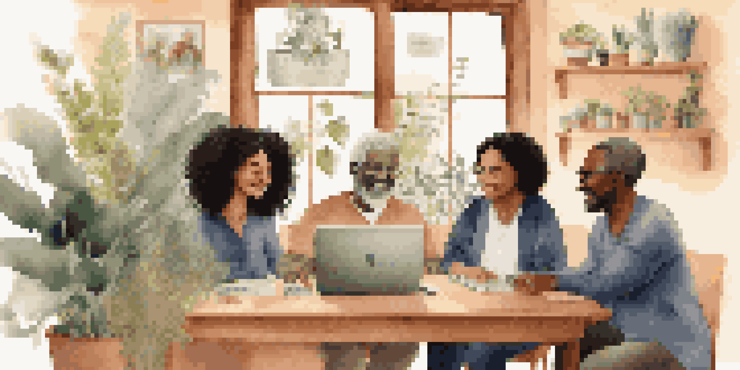 A telehealth consultation with patients in a home setting and a doctor on a laptop screen.