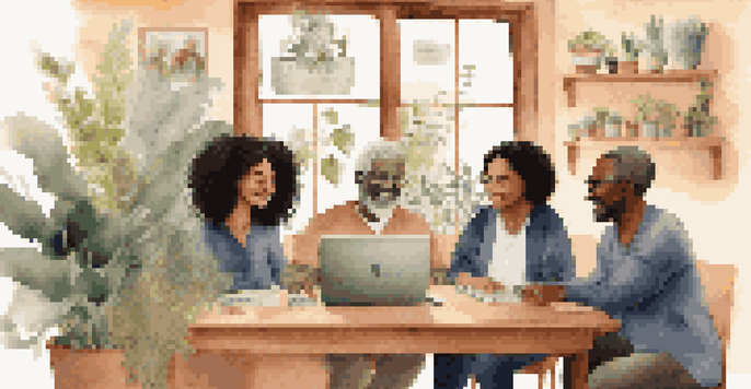 A telehealth consultation with patients in a home setting and a doctor on a laptop screen.