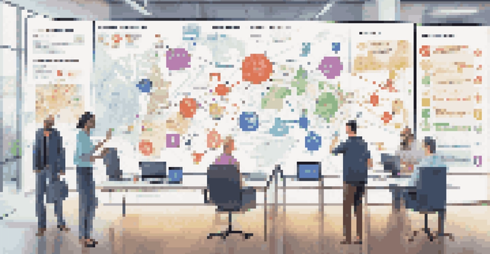 A customer journey map on a screen in a bright office, with team members discussing it around a table.