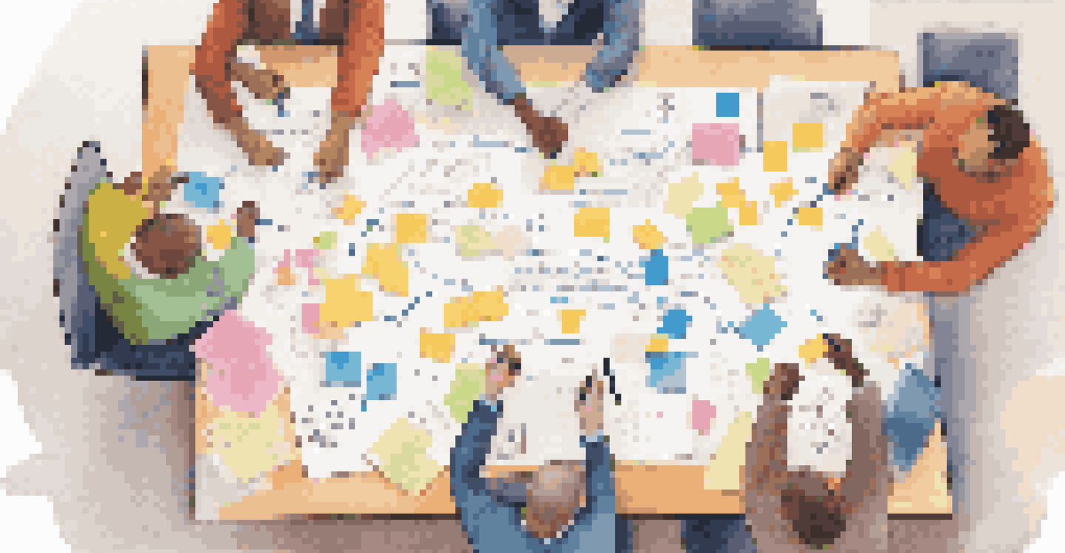 An overhead view of a diverse team brainstorming with sticky notes and charts in a well-lit room, emphasizing collaboration in change management.