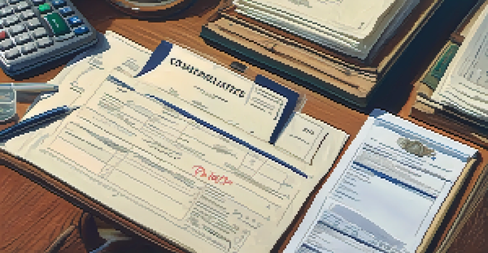 An overhead view of various export documents including a commercial invoice and packing list, arranged on a wooden desk with a globe and a pen.