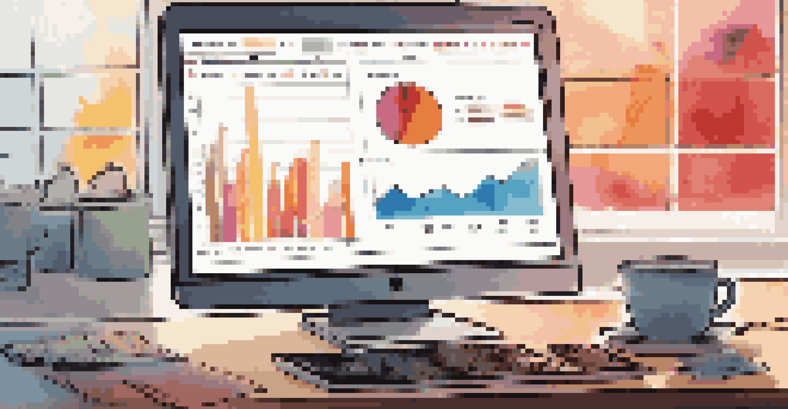 A cozy workspace with a computer screen showing colorful data visualizations, a cup of coffee, and notepad.