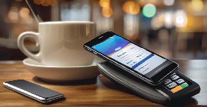 A close-up of a smartphone showing a mobile wallet app with payment options in a cozy café environment.