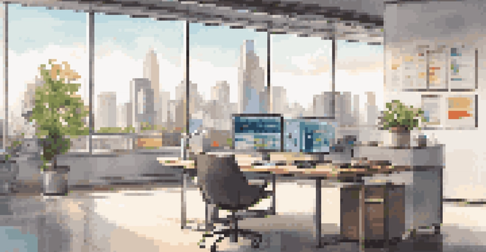 A modern office workspace with a desk, laptop displaying sales charts, and a city view.