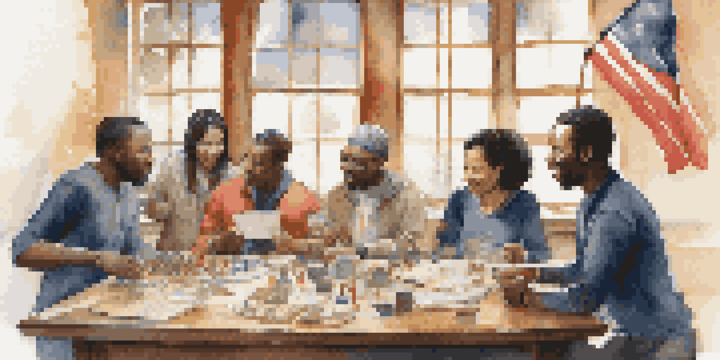 A diverse group of team leaders from different cultures engaged in a discussion, surrounded by cultural artifacts and flags.