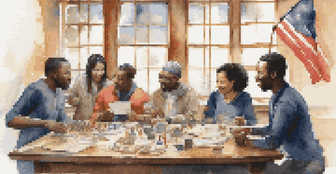 A diverse group of team leaders from different cultures engaged in a discussion, surrounded by cultural artifacts and flags.