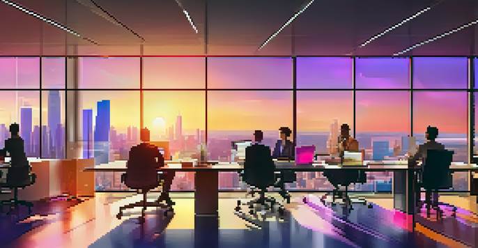 A modern office with a sunset view, where a diverse group of employees brainstorm around a conference table with sticky notes and a digital whiteboard.