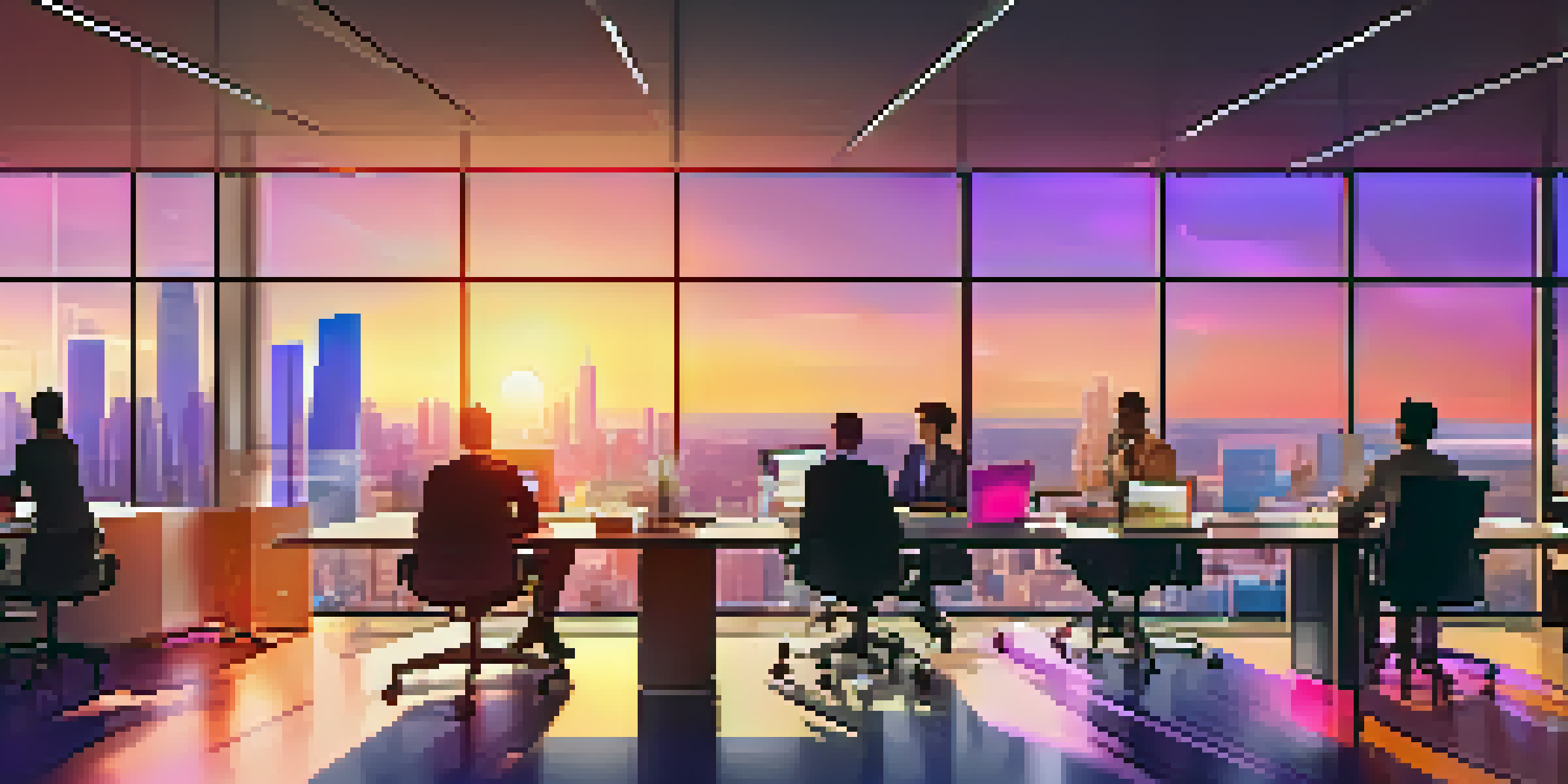 A modern office with a sunset view, where a diverse group of employees brainstorm around a conference table with sticky notes and a digital whiteboard.