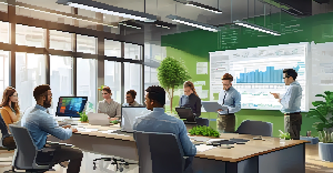 A diverse group of employees in a bright office analyzing data together, with charts on the walls and laptops open.
