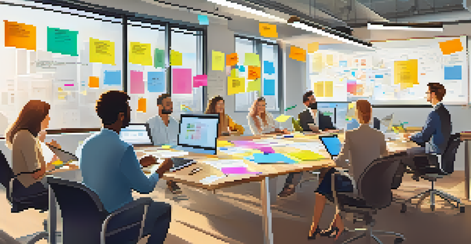 A diverse group of professionals engaged in a content marketing strategy session, surrounded by colorful sticky notes and laptops, with sunlight streaming through windows.