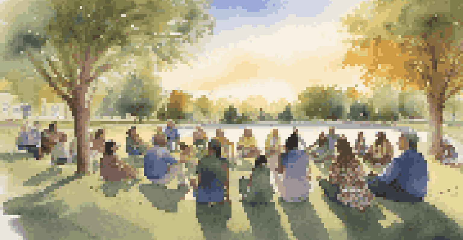 Community members gathered in a park discussing their experiences after a natural disaster.