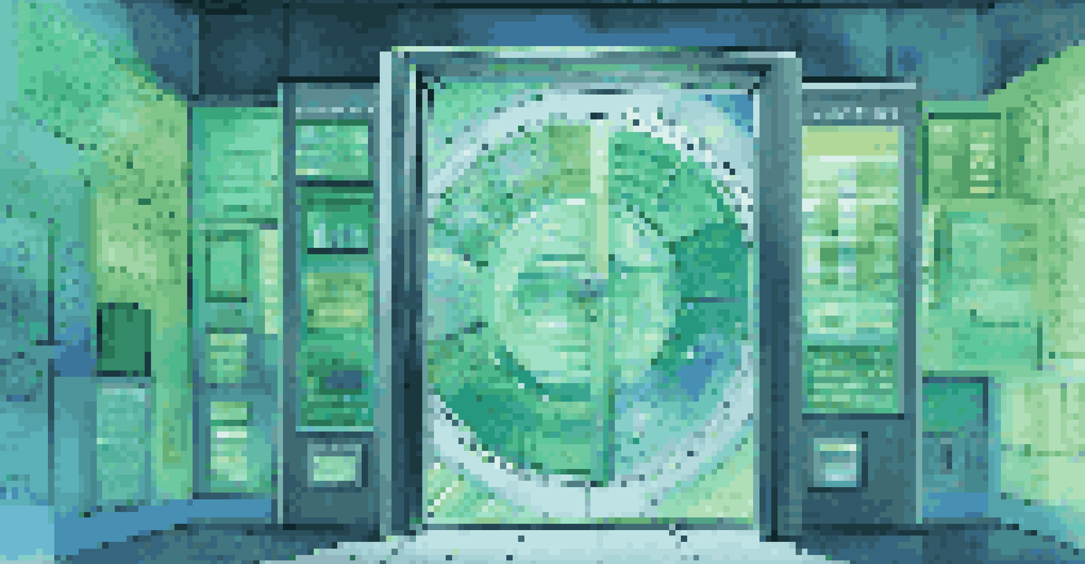 An abstract image of a secure vault door with digital screens showing financial metrics, illuminated in blue and green tones.