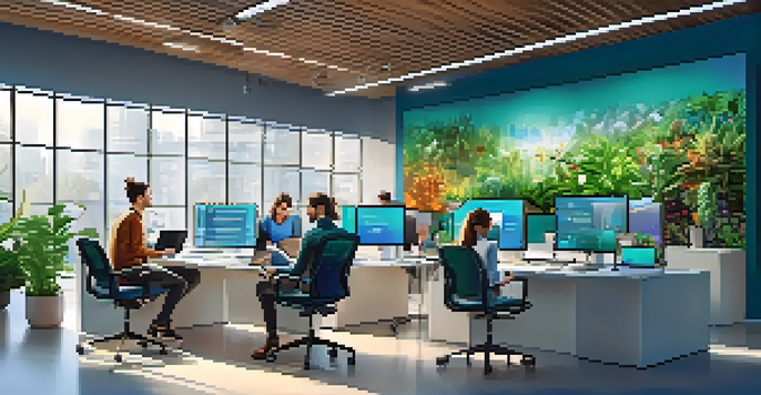 A diverse team of employees working together in a modern office, surrounded by digital devices and analytics dashboards.