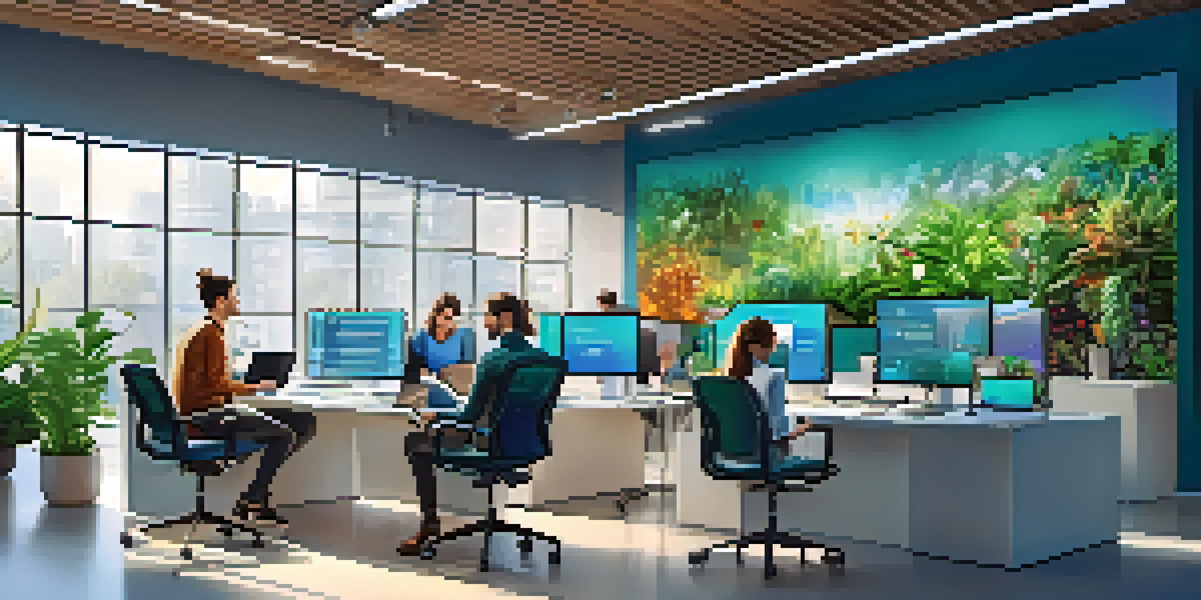 A diverse team of employees working together in a modern office, surrounded by digital devices and analytics dashboards.