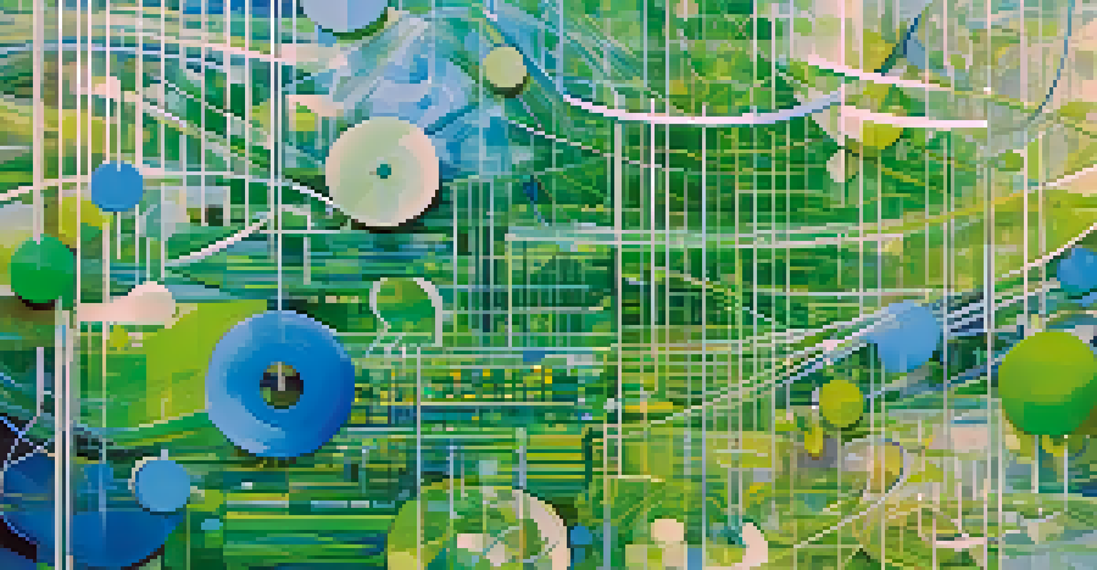 An abstract representation of financial data with interconnected lines and nodes illustrating currency movements and economic indicators in bright blue and green colors.