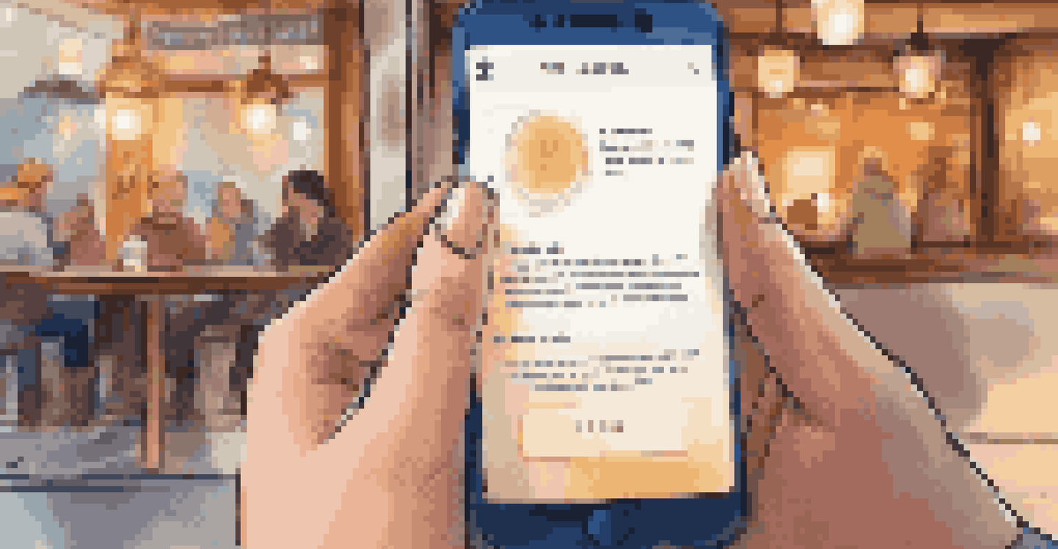 A close-up of a person's hand writing a positive review on a smartphone in a cozy café.