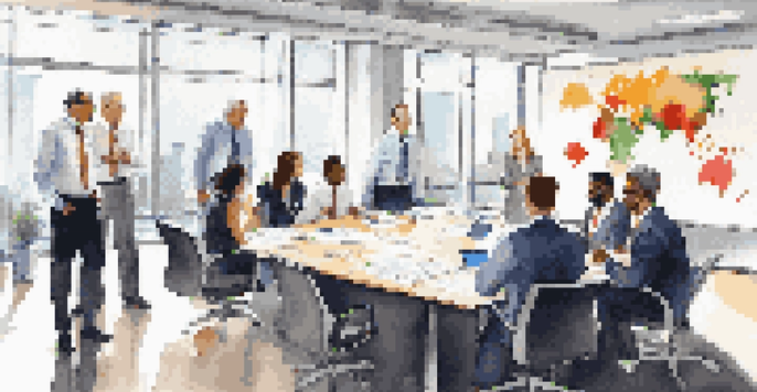A diverse group of business professionals having a meeting in a well-lit conference room with charts on the whiteboard.