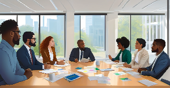 A diverse group of professionals collaborating in a bright, modern conference room with a whiteboard filled with ideas.
