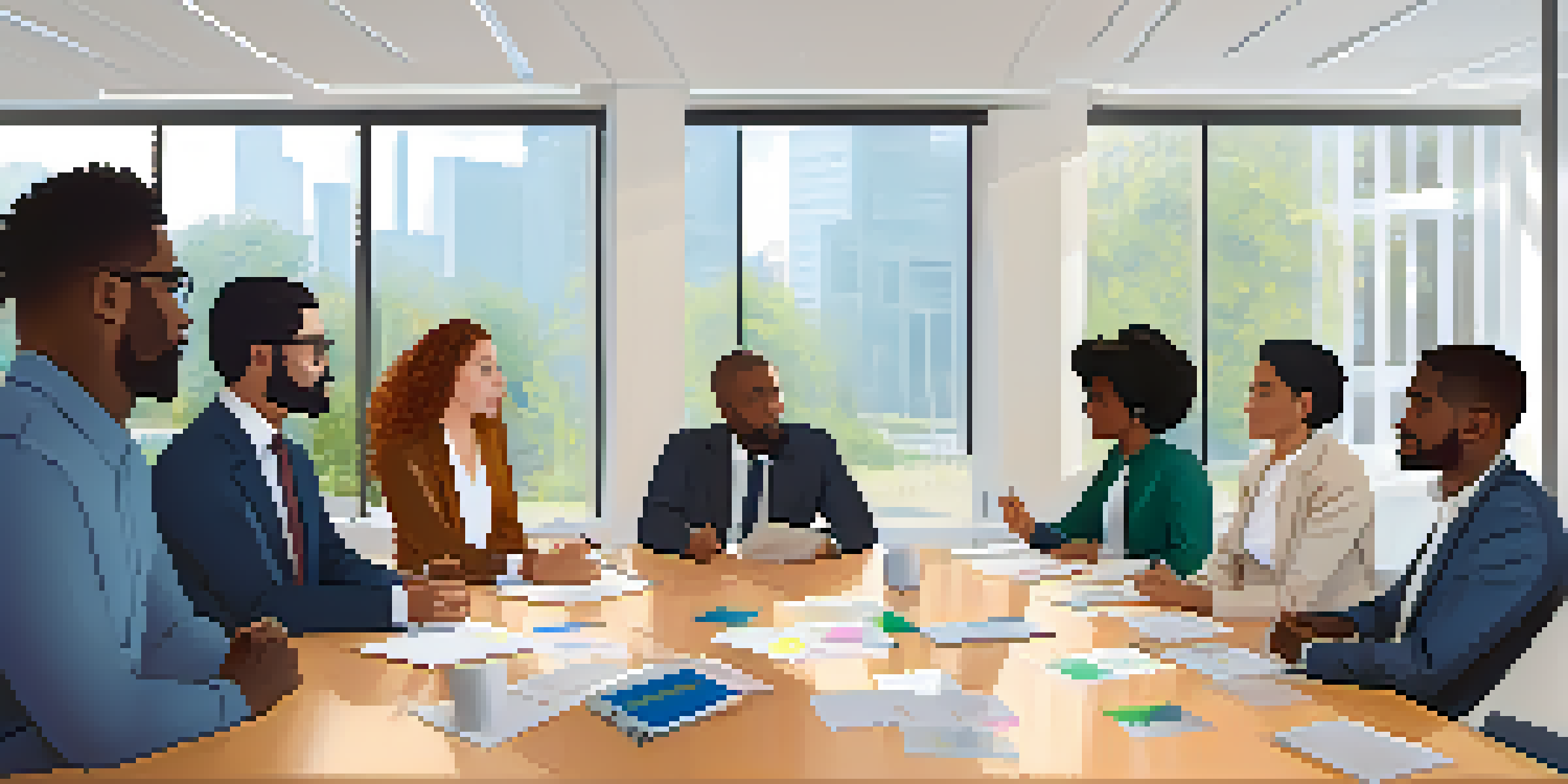 A diverse group of professionals collaborating in a bright, modern conference room with a whiteboard filled with ideas.