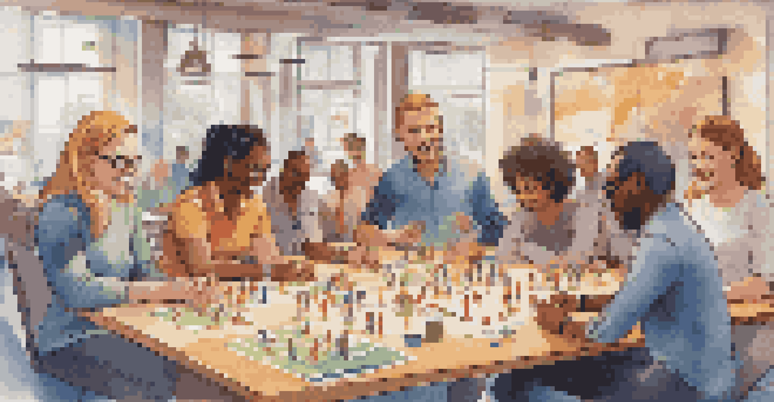 A diverse group of employees engaged in a collaborative gamified team-building exercise around a table.