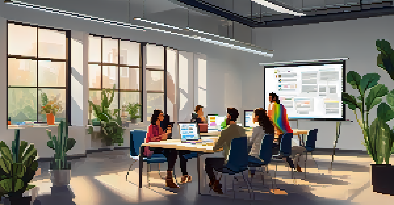 A modern office meeting focused on social media marketing, with people brainstorming around a whiteboard.