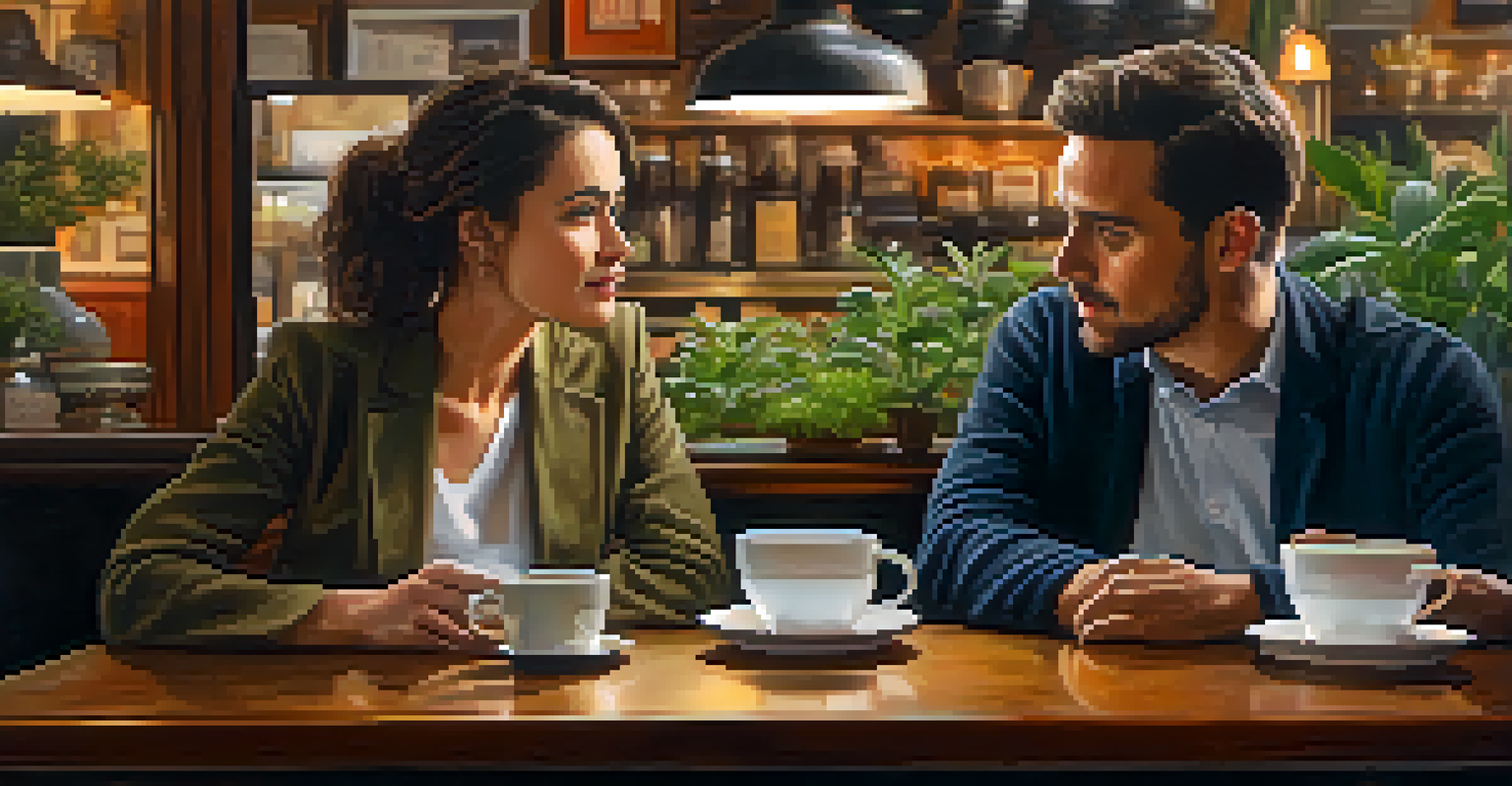 Two colleagues in a cozy coffee shop having a candid conversation, showcasing empathy and open communication.