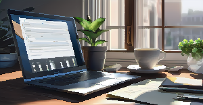 A modern office desk featuring a laptop, documents, a potted plant, and a coffee cup, illuminated by soft morning light.