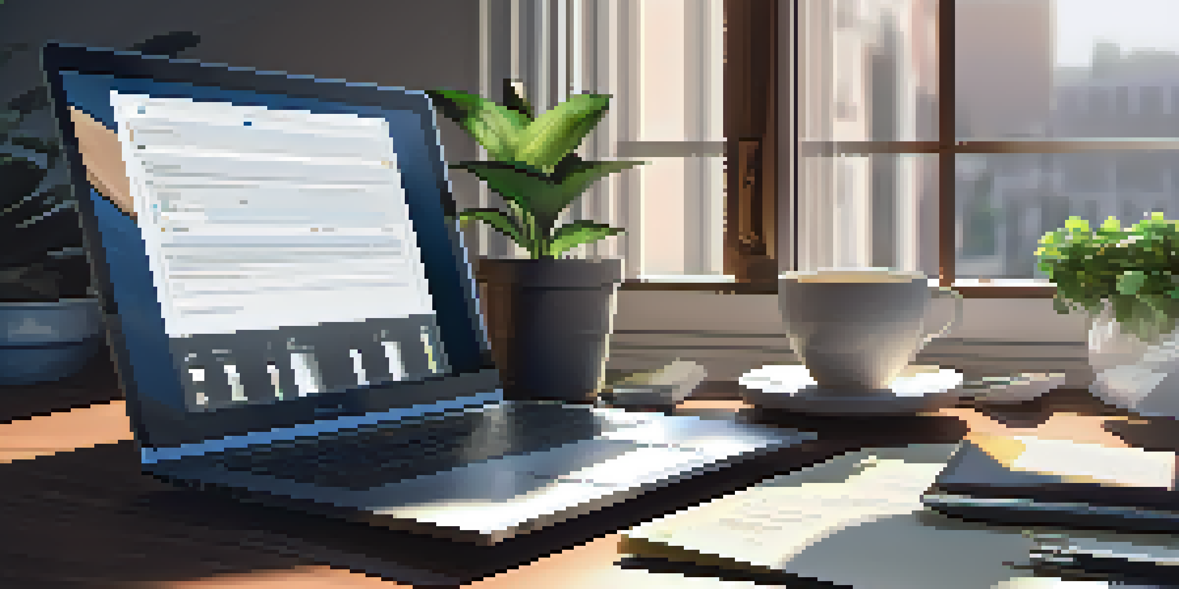 A modern office desk featuring a laptop, documents, a potted plant, and a coffee cup, illuminated by soft morning light.