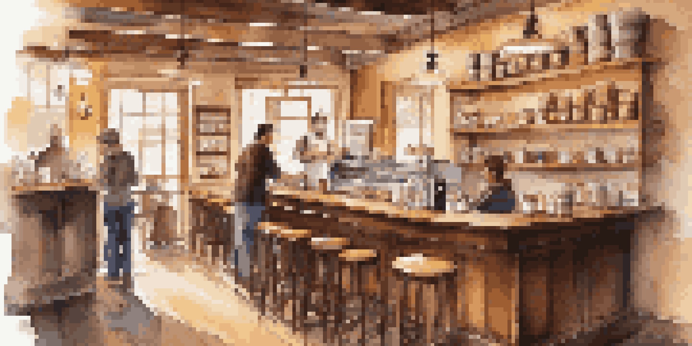 A warm and inviting coffee shop interior with a barista serving a drink to a customer, surrounded by rustic decor and cheerful patrons.