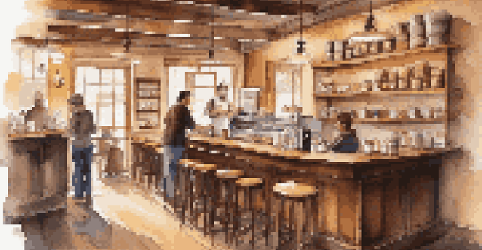 A warm and inviting coffee shop interior with a barista serving a drink to a customer, surrounded by rustic decor and cheerful patrons.