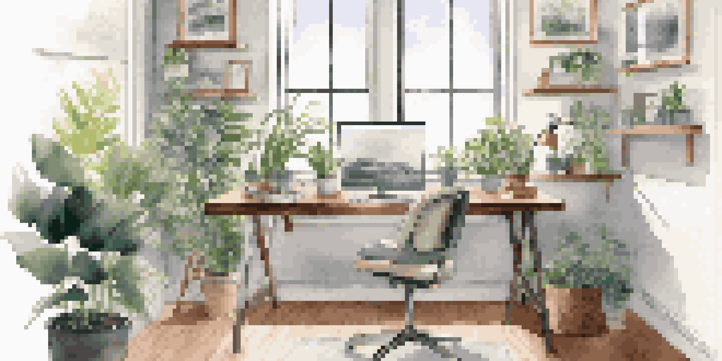 A comfortable home office with an ergonomic chair, an eye-level monitor, and plants, creating a serene working environment.