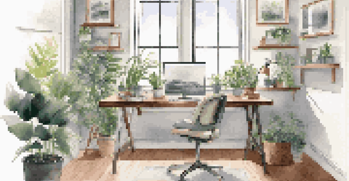 A comfortable home office with an ergonomic chair, an eye-level monitor, and plants, creating a serene working environment.