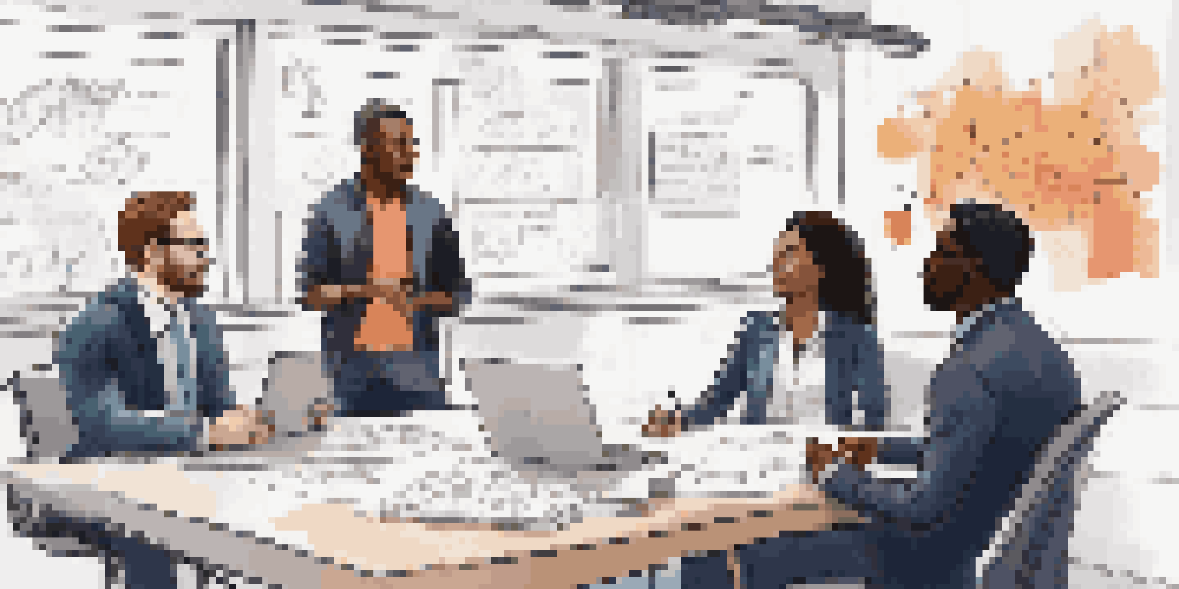 A diverse group of sales team members engaged in a collaborative discussion in a well-lit conference room, with motivational quotes and a whiteboard in the background.