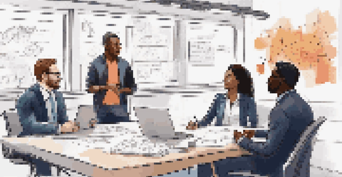 A diverse group of sales team members engaged in a collaborative discussion in a well-lit conference room, with motivational quotes and a whiteboard in the background.