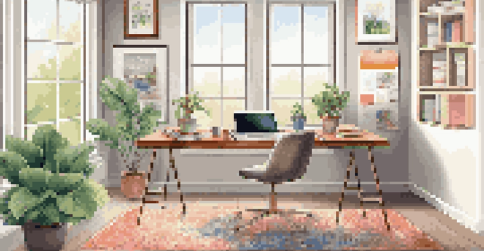 A bright and inviting home office space with a desk, laptop, and decorative elements, bathed in natural light.