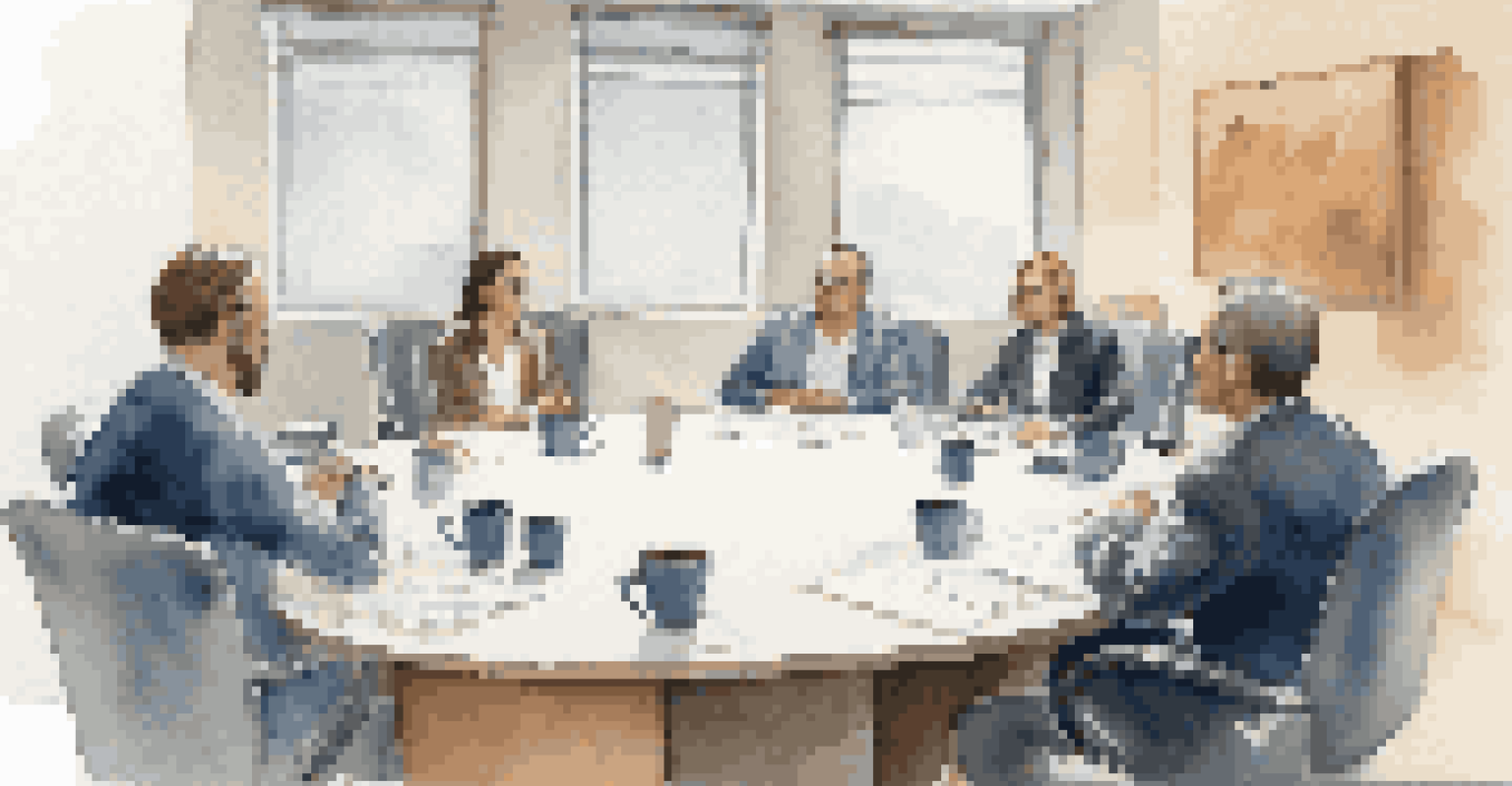 A mediator guiding a conflict resolution session at a round table with two participants in a comfortable conference room.